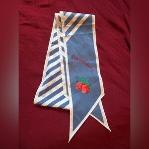 VINTAGE Blue and White Striped Scarf with Raspberry Embroidery
